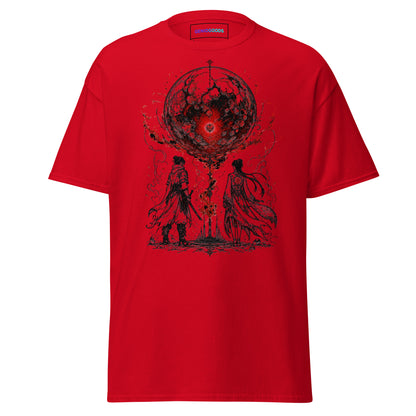 Front view of The Blood of Dawnwalker Crimson Eclipse T-Shirt with crimson eclipse artwork across the front of the tee