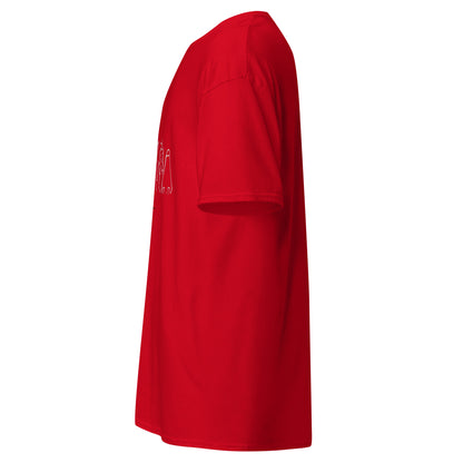 Left side view of the red Nine Sols Under the Golden Sol character tee with partial front design visible along the side