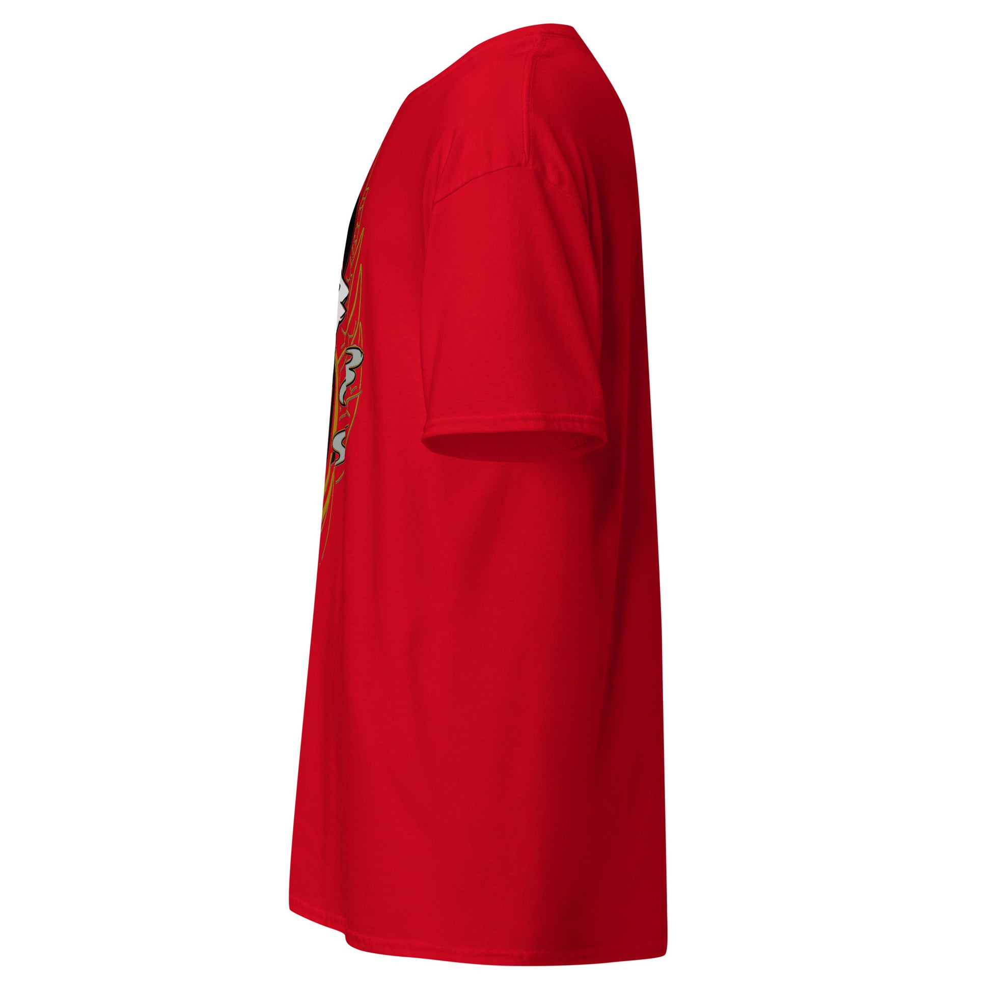 Left side view of the red Nine Sols Yin Yang Tee Balance Presence with partial front design visible along the side