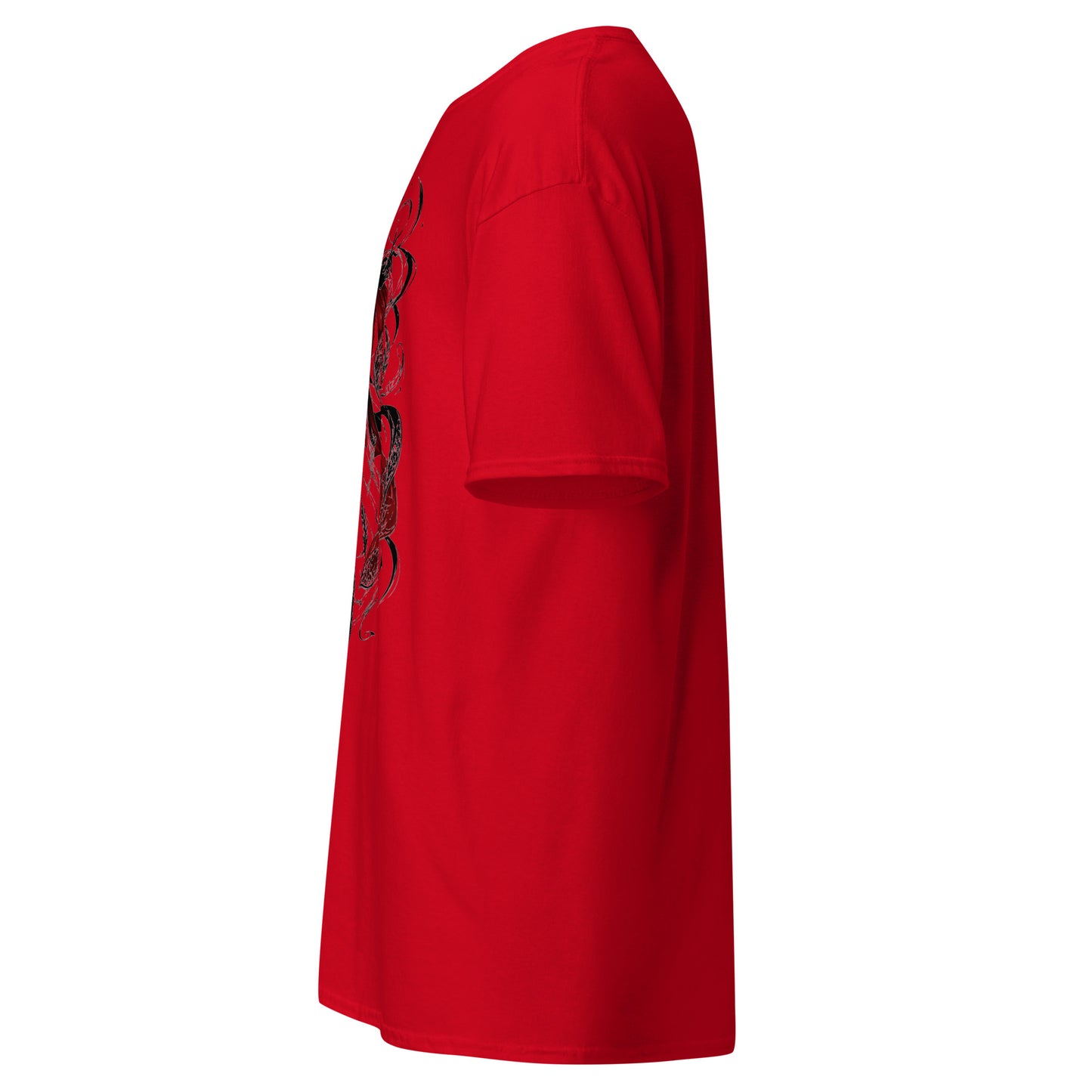 Left side view of the red Crowsworn Crimson Wraith T-shirt showing the side print detail