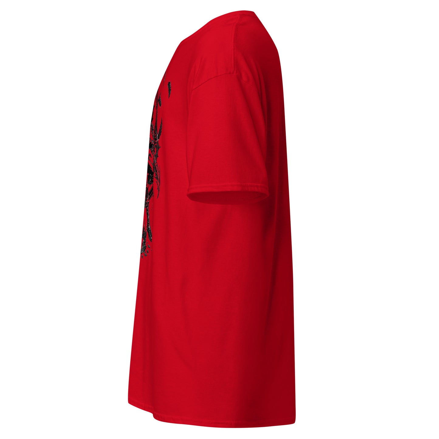 Side view of Red Crowsworn Crimson Scythe T-shirt showing the sleeve, relaxed unisex fit and front artwork edge.
