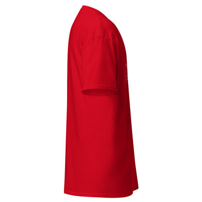 Right side view of the red Nine Sols Under the Golden Sol character tee showing sleeve shape and straight silhouette