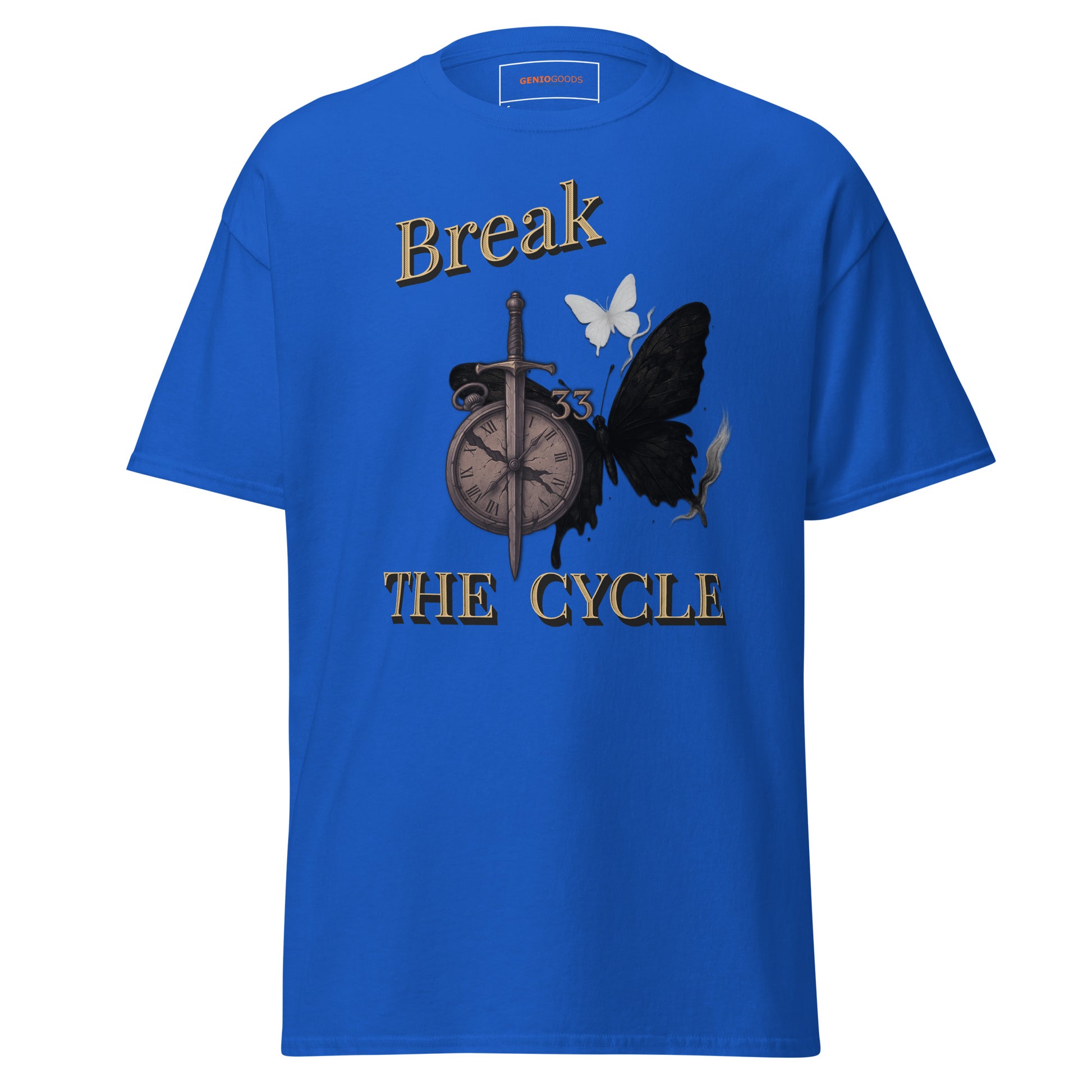 front view of Blue Expedition 33 Break the Cycle graphic t-shirt inspired by Clair Obscur Expedition 33.