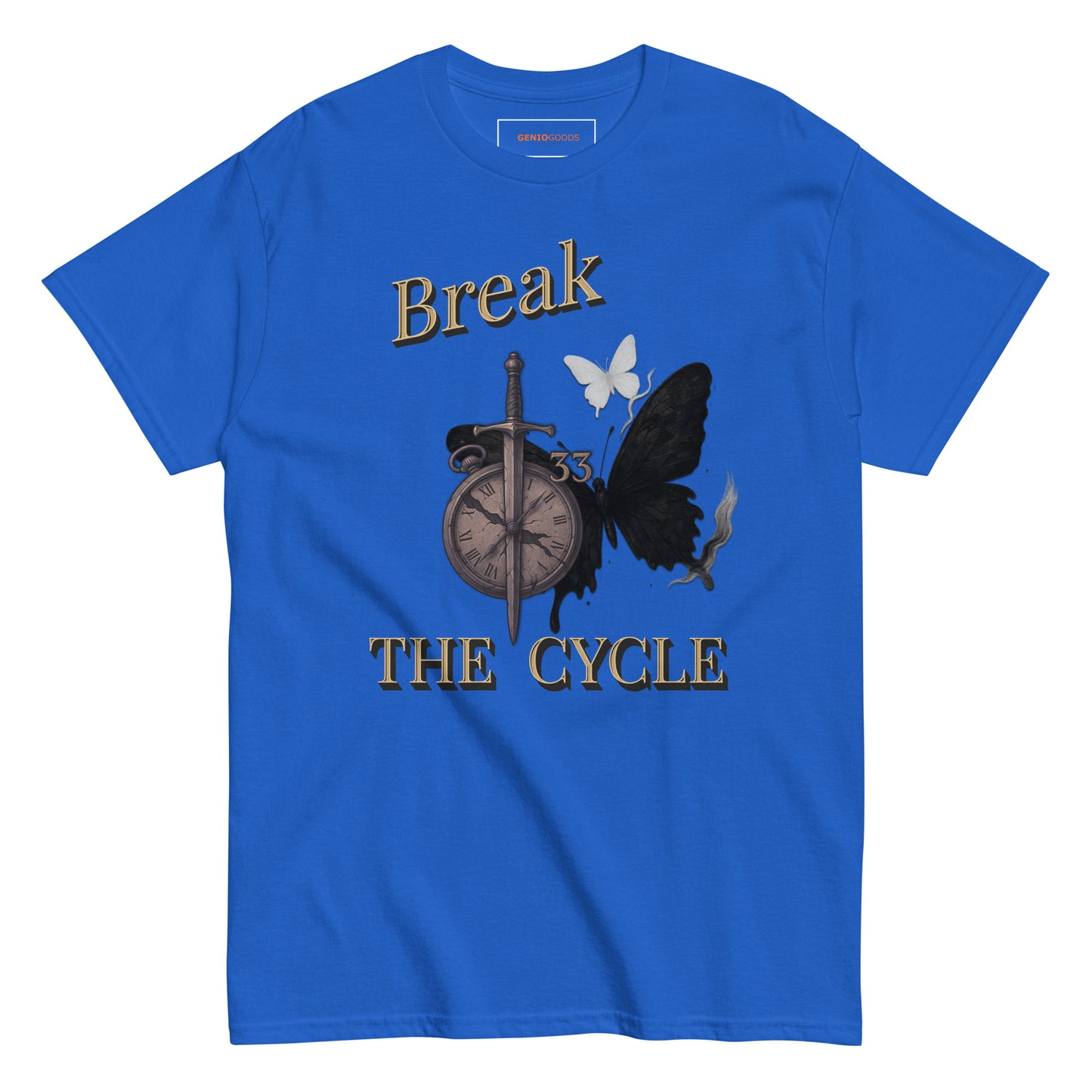 front view of Blue Expedition 33 Break the Cycle graphic t-shirt inspired by Clair Obscur Expedition 33.