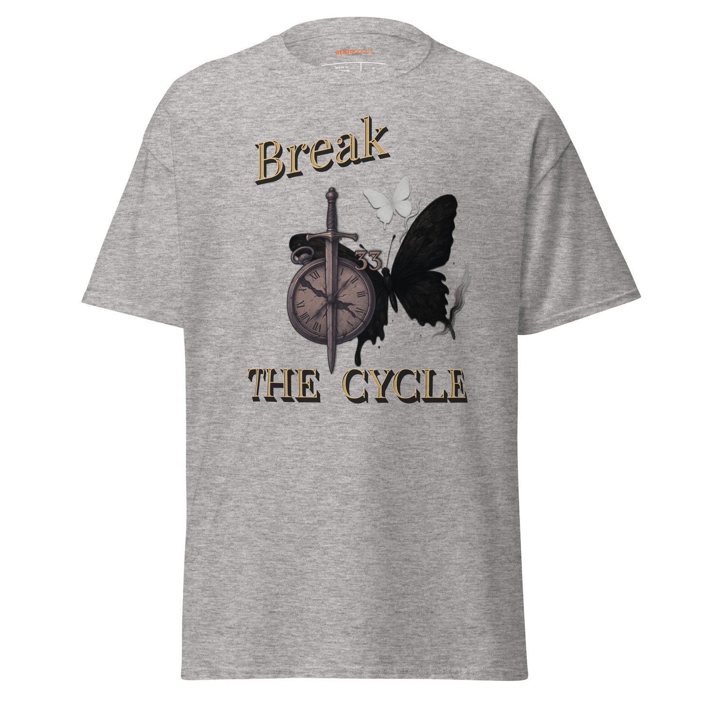 front view of Light gray Expedition 33 Break the Cycle graphic t-shirt inspired by Clair Obscur Expedition 33.