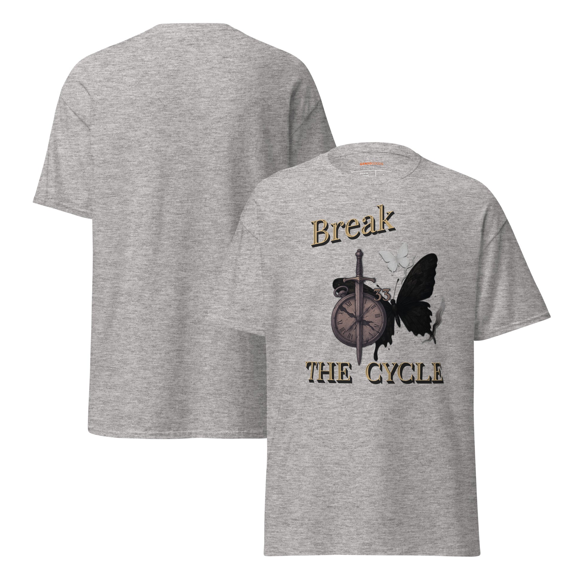 front and back of Light gray Expedition 33 Break the Cycle graphic t-shirt inspired by Clair Obscur Expedition 33.