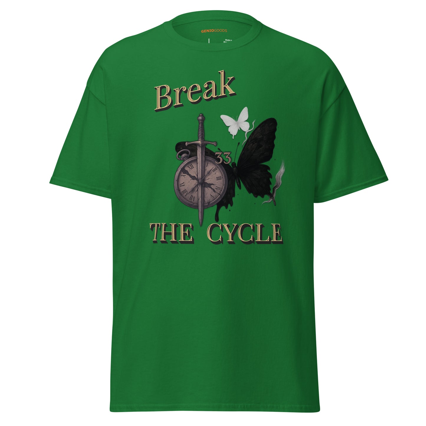 front view of Green Expedition 33 Break the Cycle graphic t-shirt inspired by Clair Obscur Expedition 33.