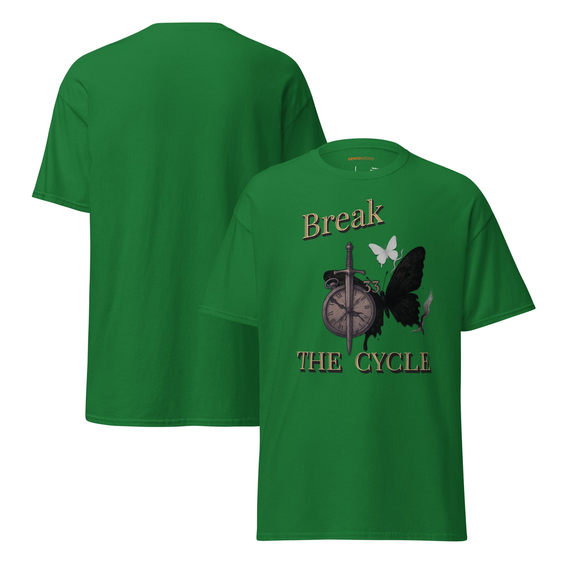 front and back of Green Expedition 33 Break the Cycle graphic t-shirt inspired by Clair Obscur Expedition 33.
