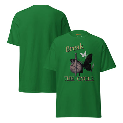 front and back of Green Expedition 33 Break the Cycle graphic t-shirt inspired by Clair Obscur Expedition 33.