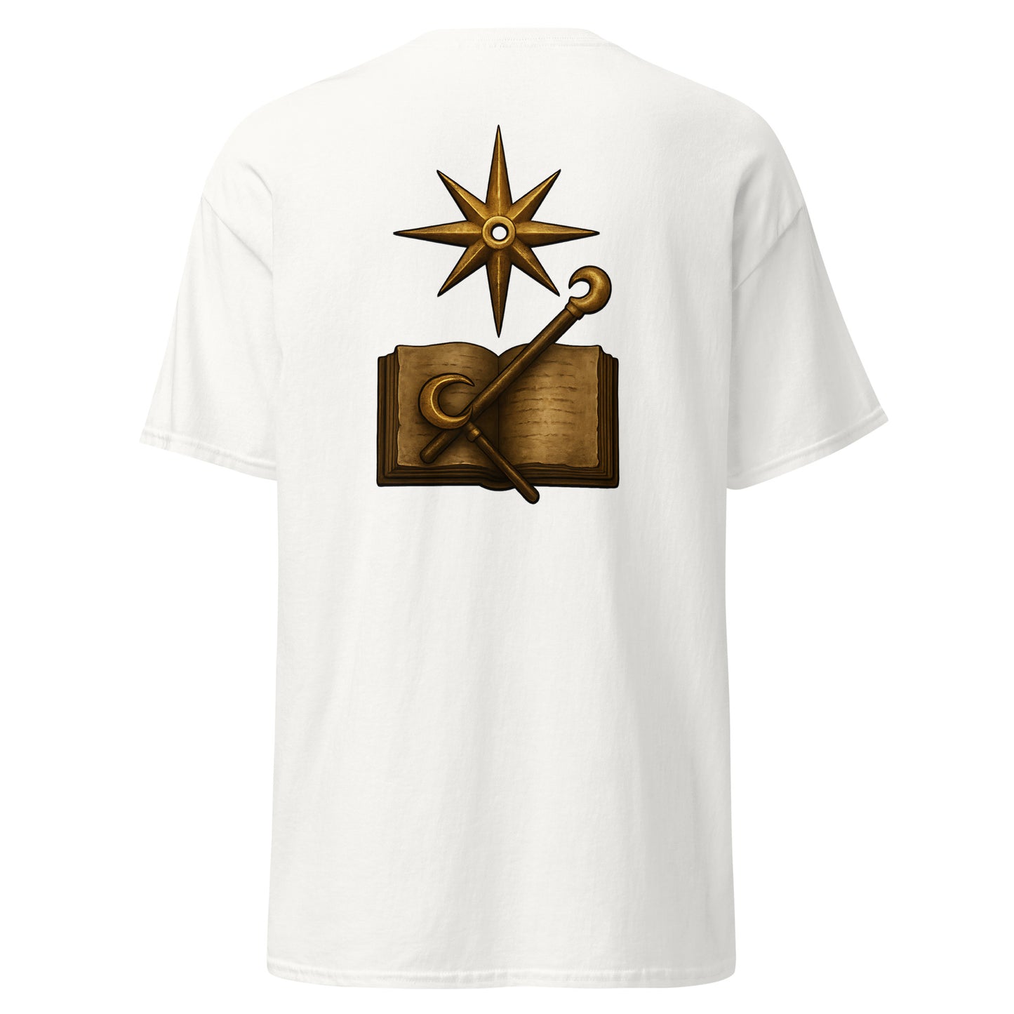 Back view of the White Oblivion Mages Guild Shirt – Arcane Emblem Design with large Mages Guild emblem graphic