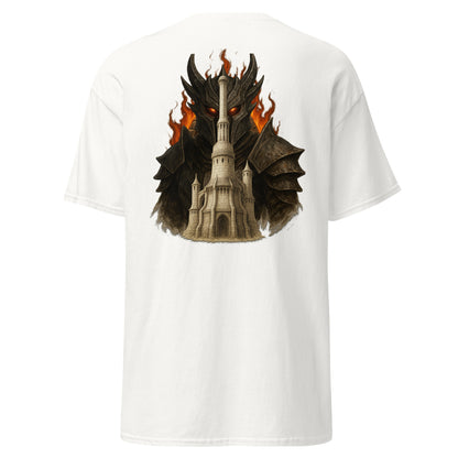 Back view of the White Oblivion Imperial City Shirt – White Gold Tower Design with clean back and no visible print