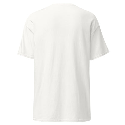 Back view of the white Nine Sols Orbiting Focus Taopunk Motion graphic tee with clean black back and no visible print