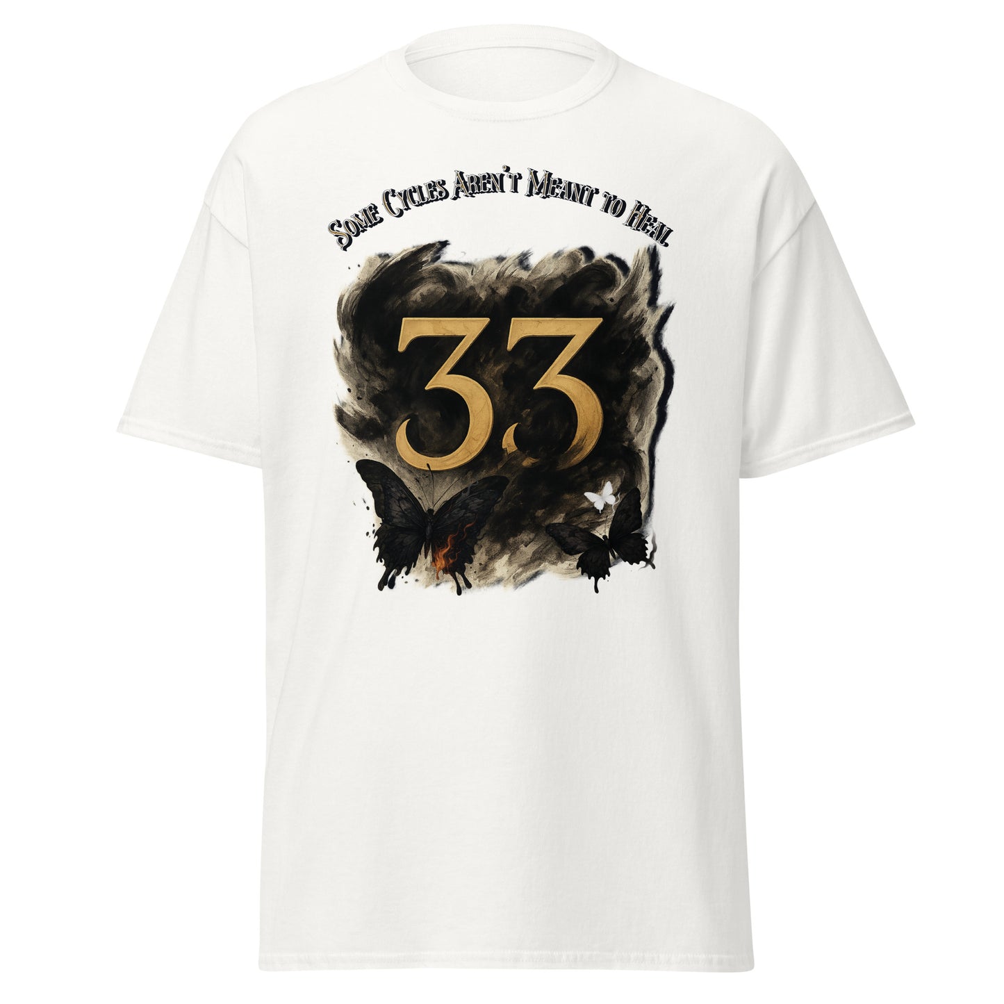 Front view of white Expedition 33 Cycles That Don’t Heal graphic t-shirt inspired by Clair Obscur Expedition 33.