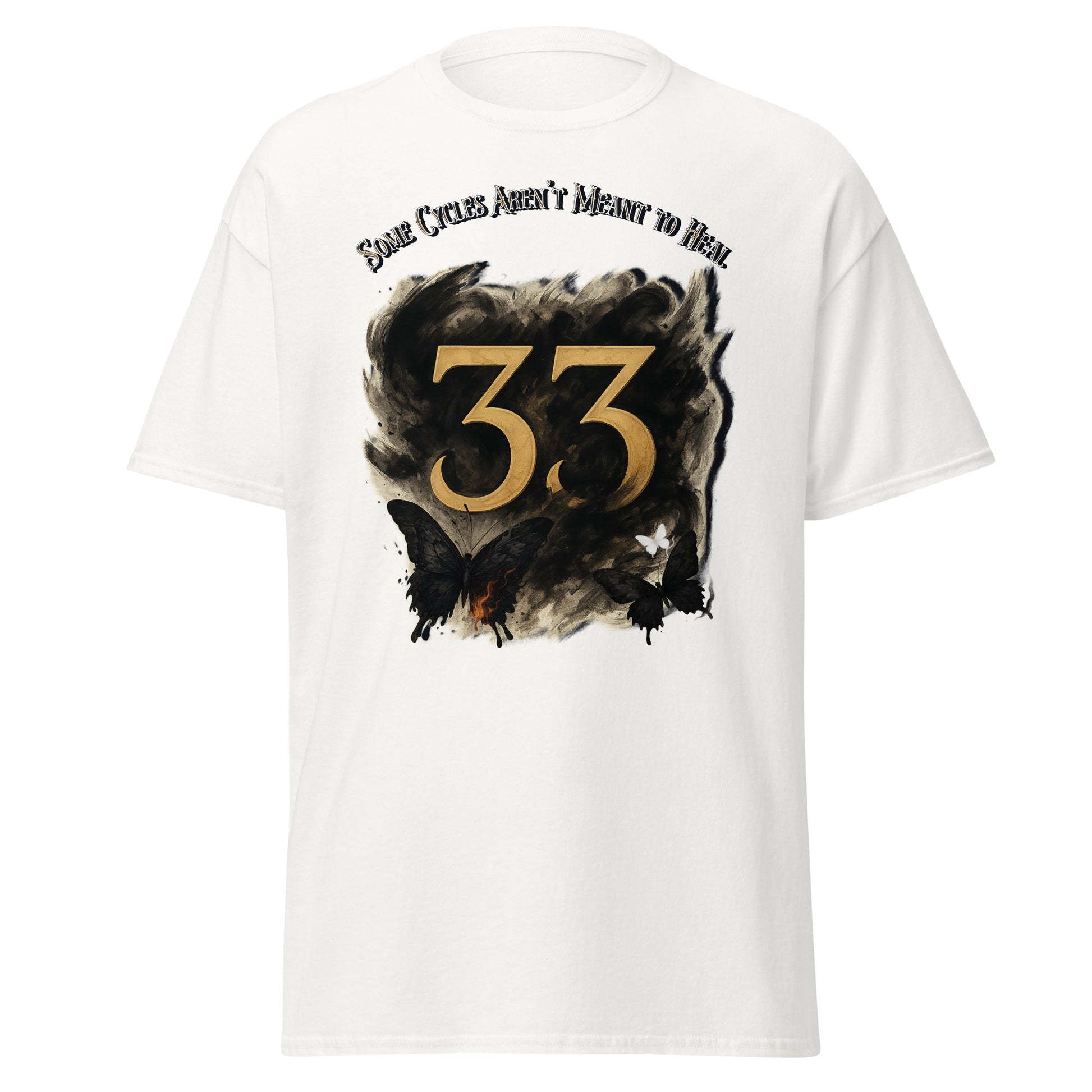Front view of white Expedition 33 Cycles That Don’t Heal graphic t-shirt inspired by Clair Obscur Expedition 33.
