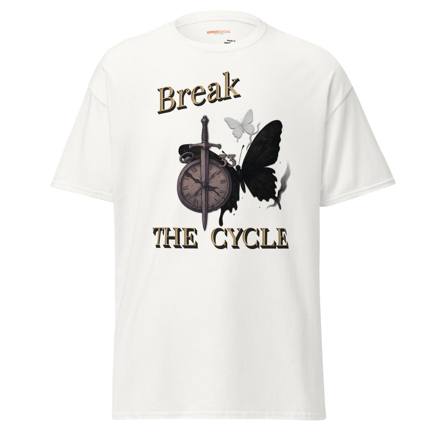 front view of White Expedition 33 Break the Cycle graphic t-shirt inspired by Clair Obscur Expedition 33.
