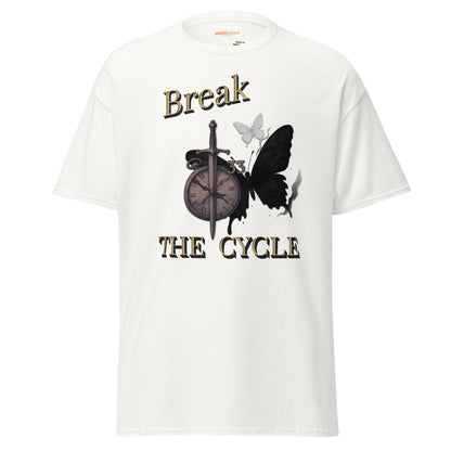front view of White Expedition 33 Break the Cycle graphic t-shirt inspired by Clair Obscur Expedition 33.