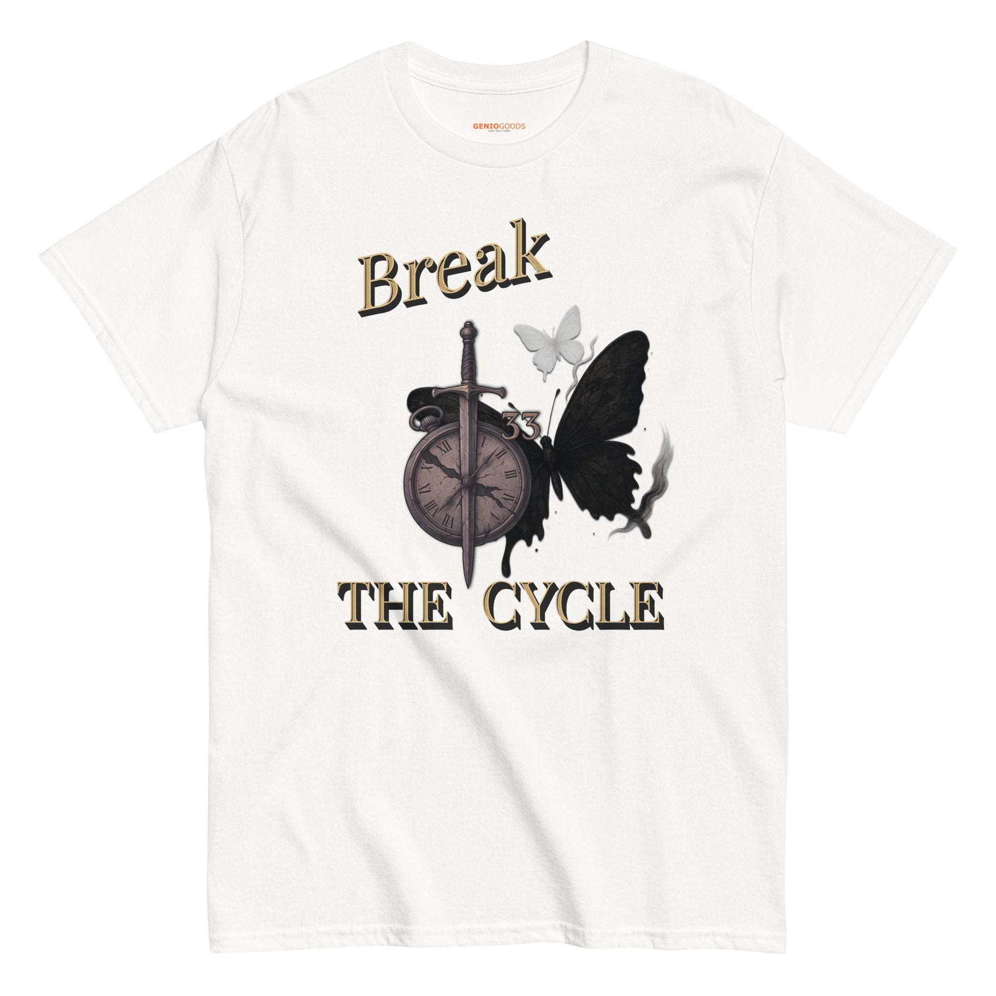 front view of White Expedition 33 Break the Cycle graphic t-shirt inspired by Clair Obscur Expedition 33.
