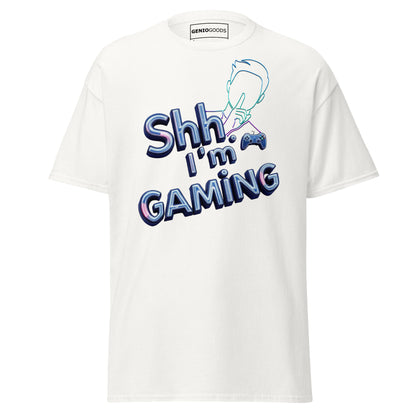 Shh I'm Gaming T-Shirt – Neon Funny Gamer Quote Design – original gamer merch by GenioGoods