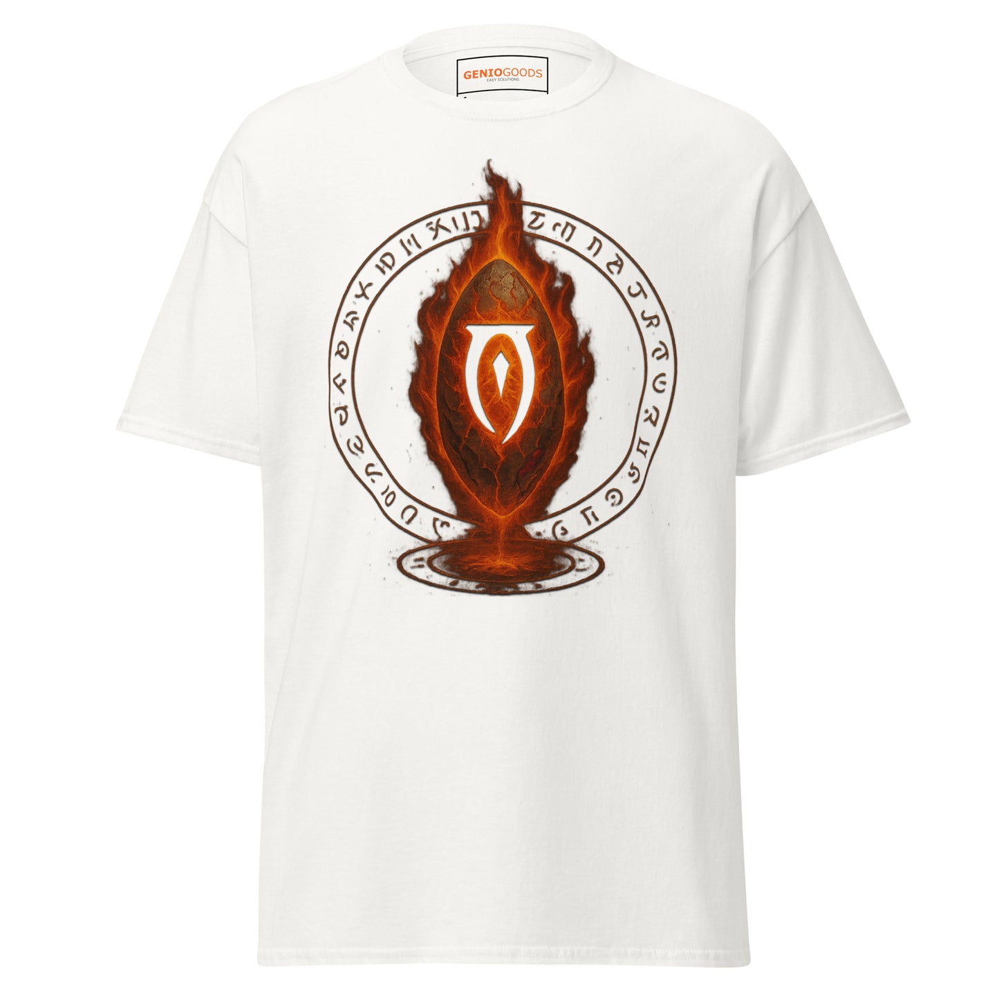 Front view of the White Oblivion Gate T Shirt – Fiery Portal Design with large fiery portal graphic on the chest