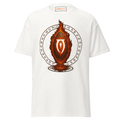 Front view of the White Oblivion Gate T Shirt – Fiery Portal Design with large fiery portal graphic on the chest