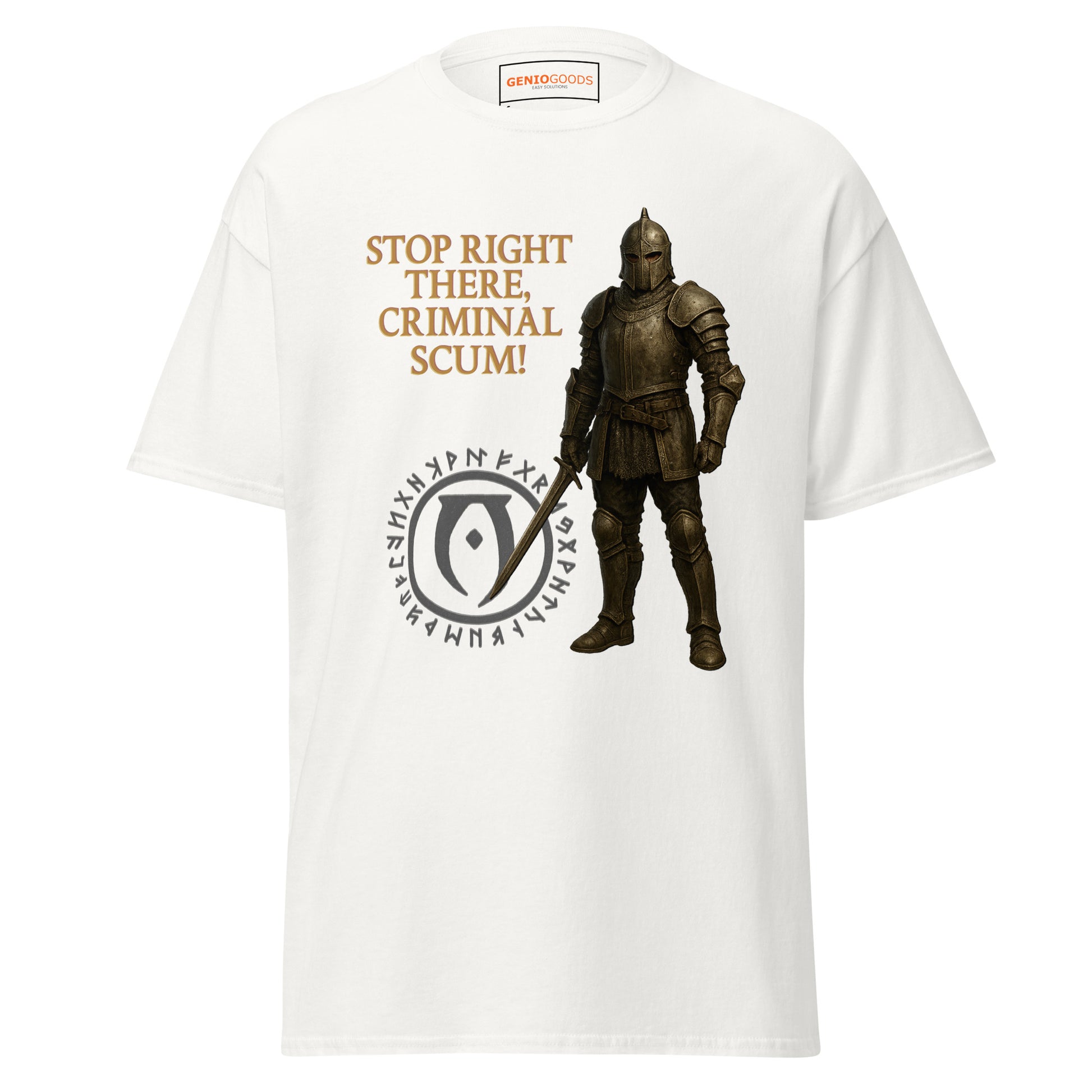 Front view of the White White Oblivion Guard Shirt – Stop Right There Quote with guard artwork, quote text and crest graphic