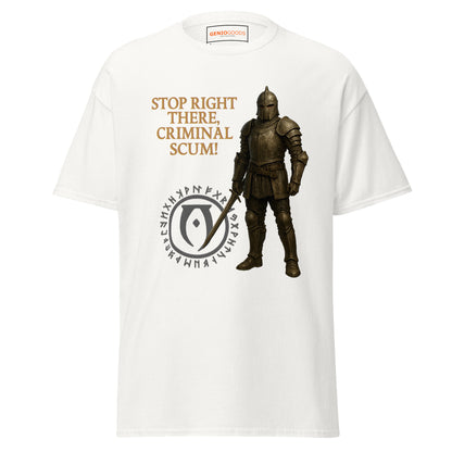 Front view of the White White Oblivion Guard Shirt – Stop Right There Quote with guard artwork, quote text and crest graphic