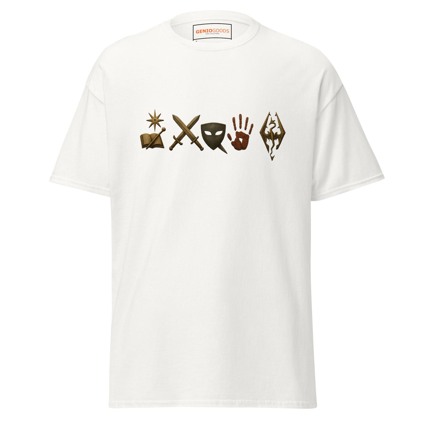 Front view of the White Oblivion Mages Guild Shirt – Arcane Emblem Design with chest row of arcane symbols