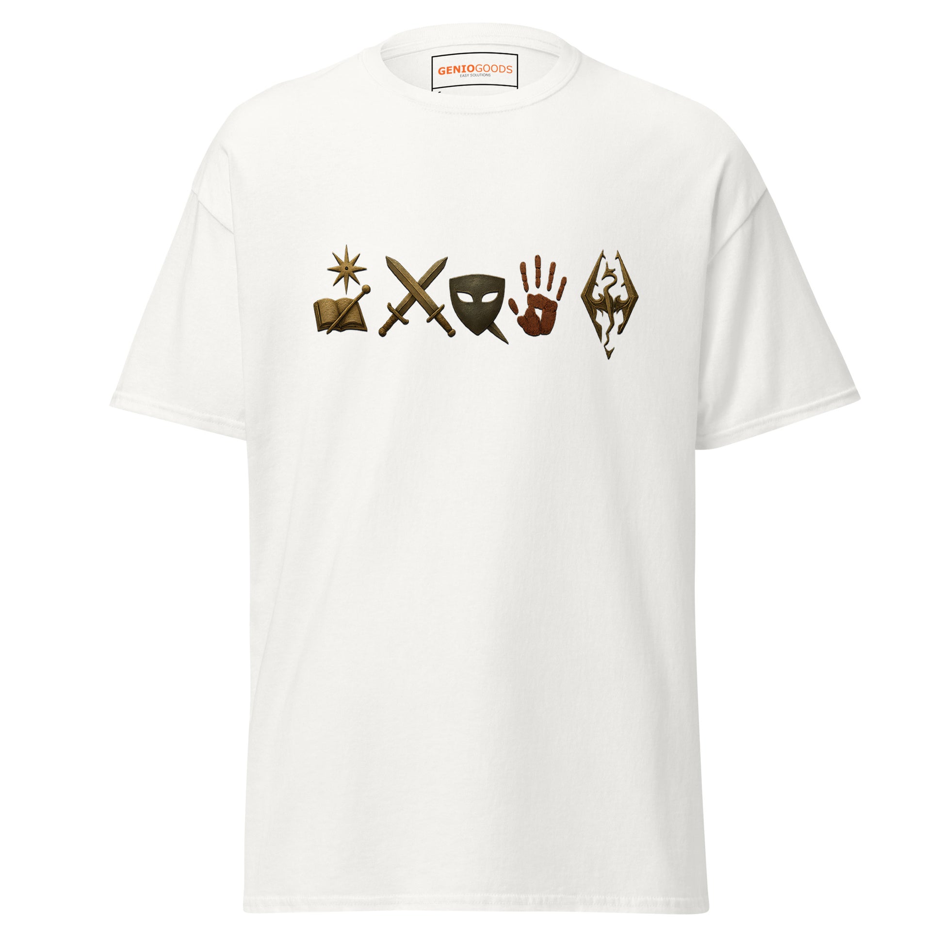 Front view of the White Oblivion Mages Guild Shirt – Arcane Emblem Design with chest row of arcane symbols