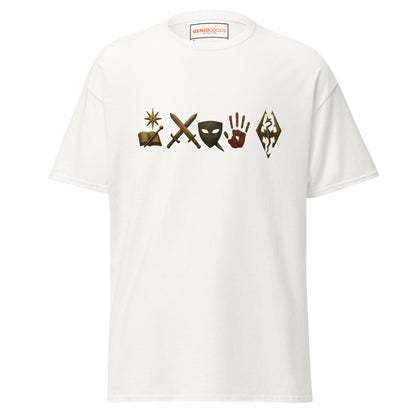 Front view of the White Oblivion Mages Guild Shirt – Arcane Emblem Design with chest row of arcane symbols