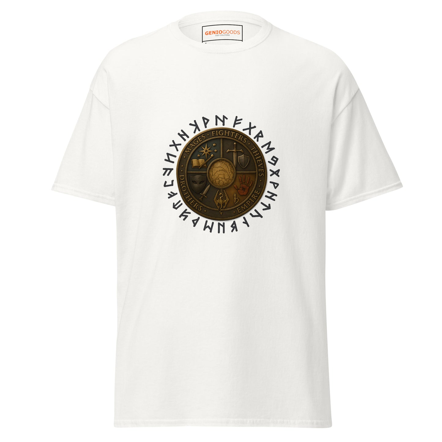 Front view of the White Oblivion Guilds Shirt – Faction Crest Design with circular faction crest on the chest