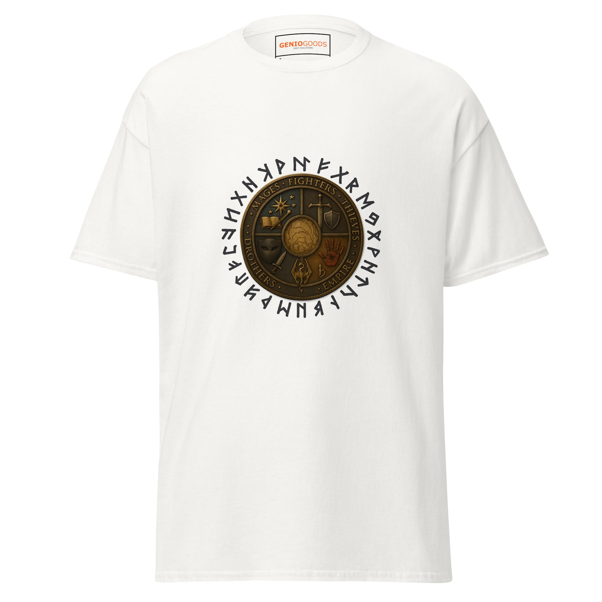 Front view of the White Oblivion Guilds Shirt – Faction Crest Design with circular faction crest on the chest