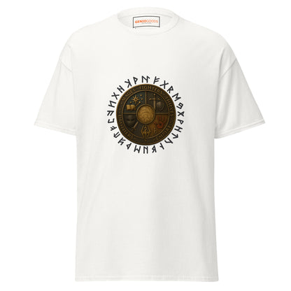 Front view of the White Oblivion Guilds Shirt – Faction Crest Design with circular faction crest on the chest
