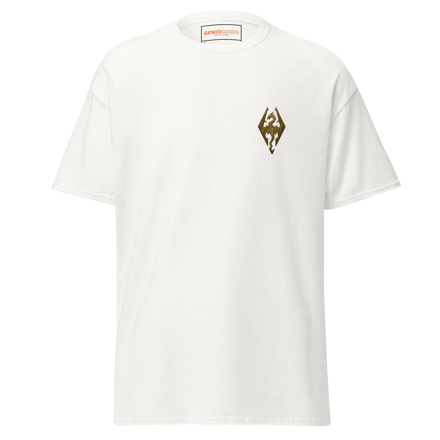 Front view of the White Oblivion Imperial City Shirt – White Gold Tower Design with small chest emblem on the front