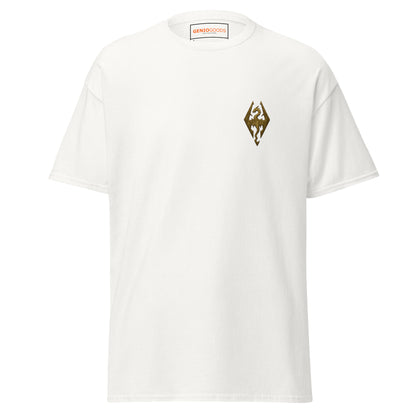 Front view of the White Oblivion Imperial City Shirt – White Gold Tower Design with small chest emblem on the front