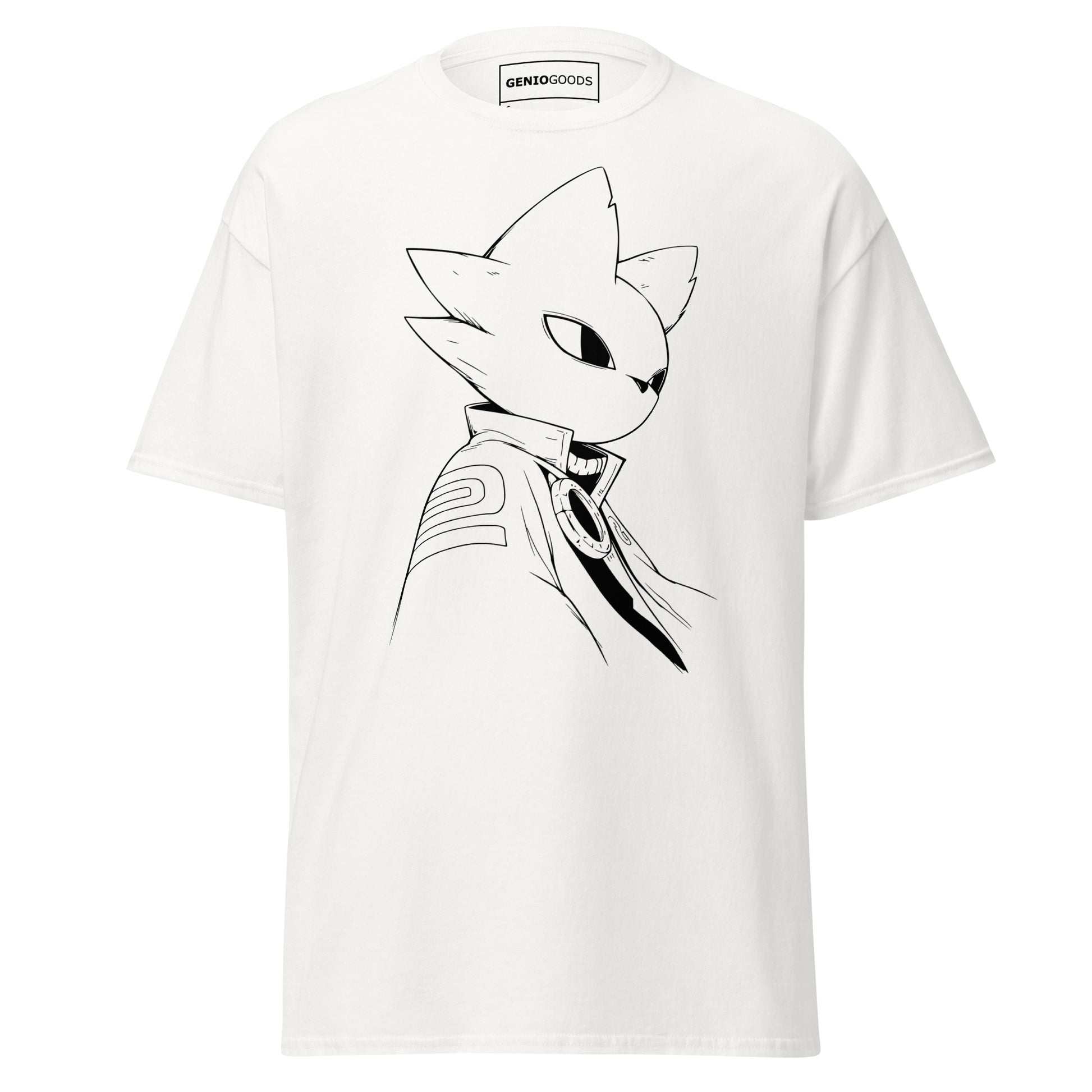 Front view of the white Nine Sols Silent Resolve Taopunk Portrait T-Shirt featuring a minimalist taopunk character portrait on black fabric