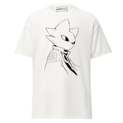 Front view of the white Nine Sols Silent Resolve Taopunk Portrait T-Shirt featuring a minimalist taopunk character portrait on black fabric