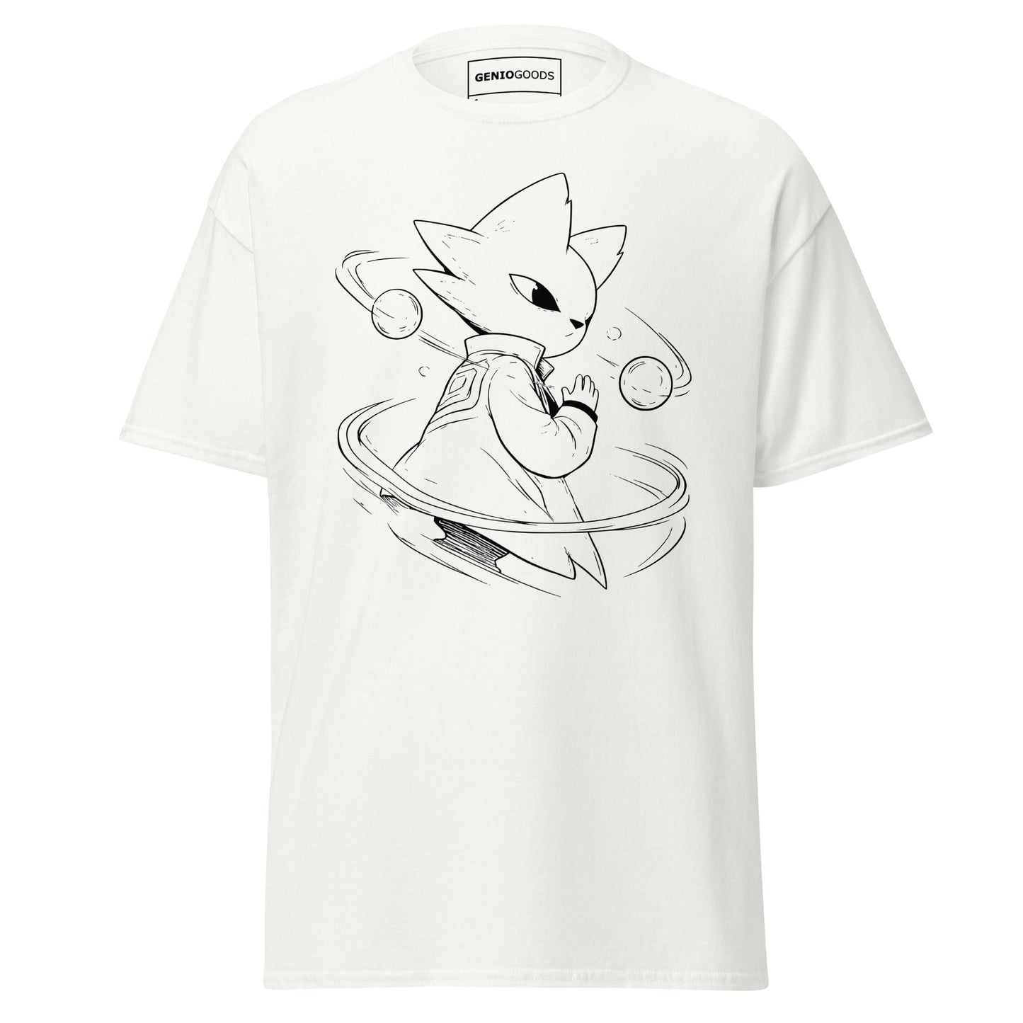 Front view of the white Nine Sols Orbiting Focus Taopunk Motion graphic tee featuring a minimalist taopunk figure with orbiting rings