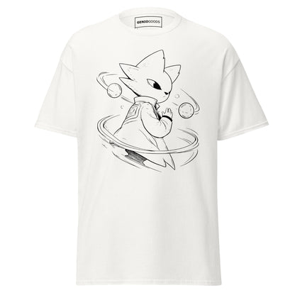 Front view of the white Nine Sols Orbiting Focus Taopunk Motion graphic tee featuring a minimalist taopunk figure with orbiting rings