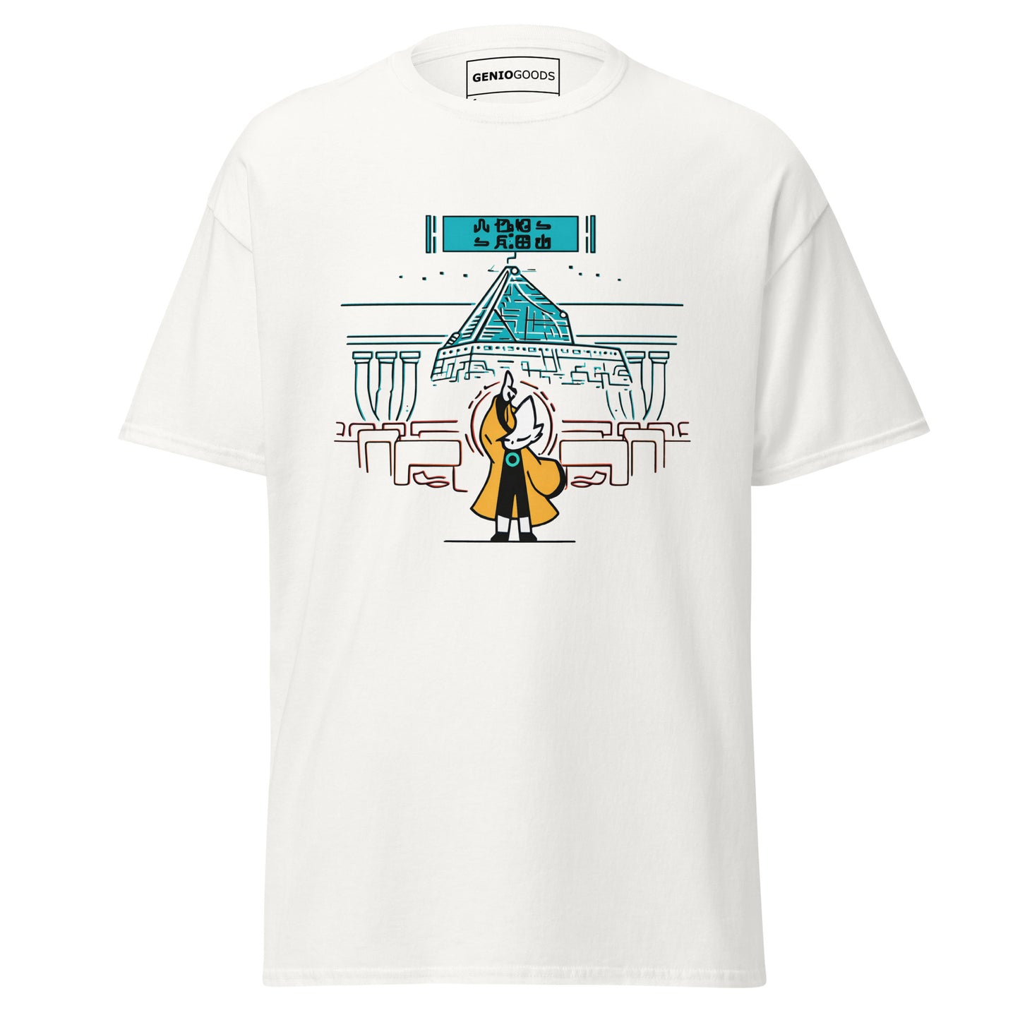 Front view of the white Nine Sols Taopunk Tee Shrine of Silent Presence featuring a minimalist shrine scene in taopunk style