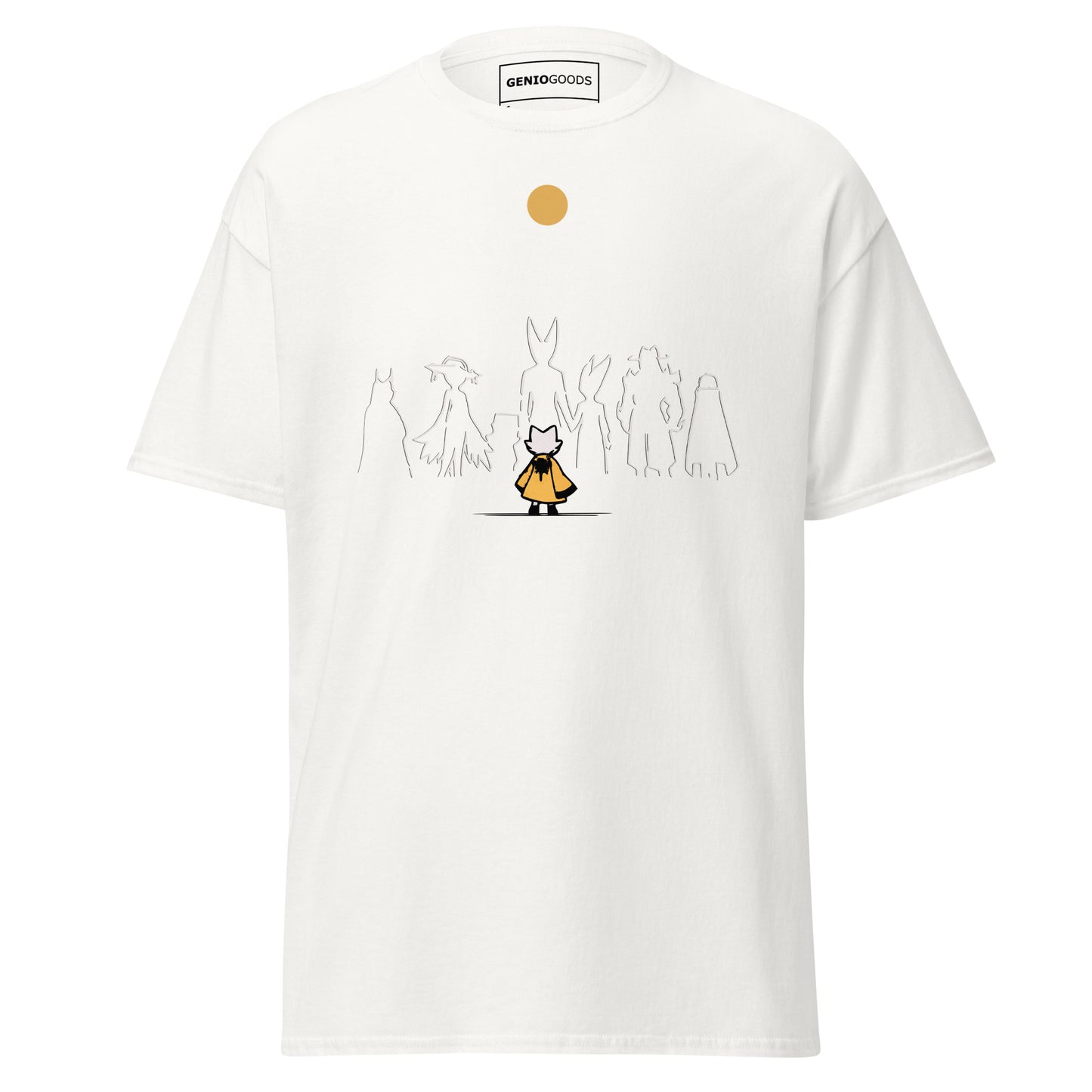 Front view of the white Nine Sols Under the Golden Sol character tee featuring a minimalist line art group beneath a golden sun