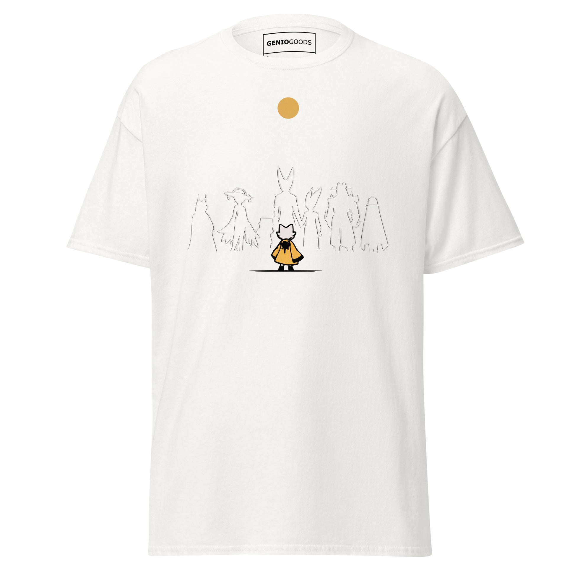 Front view of the white Nine Sols Under the Golden Sol character tee featuring a minimalist line art group beneath a golden sun