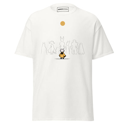 Front view of the white Nine Sols Under the Golden Sol character tee featuring a minimalist line art group beneath a golden sun