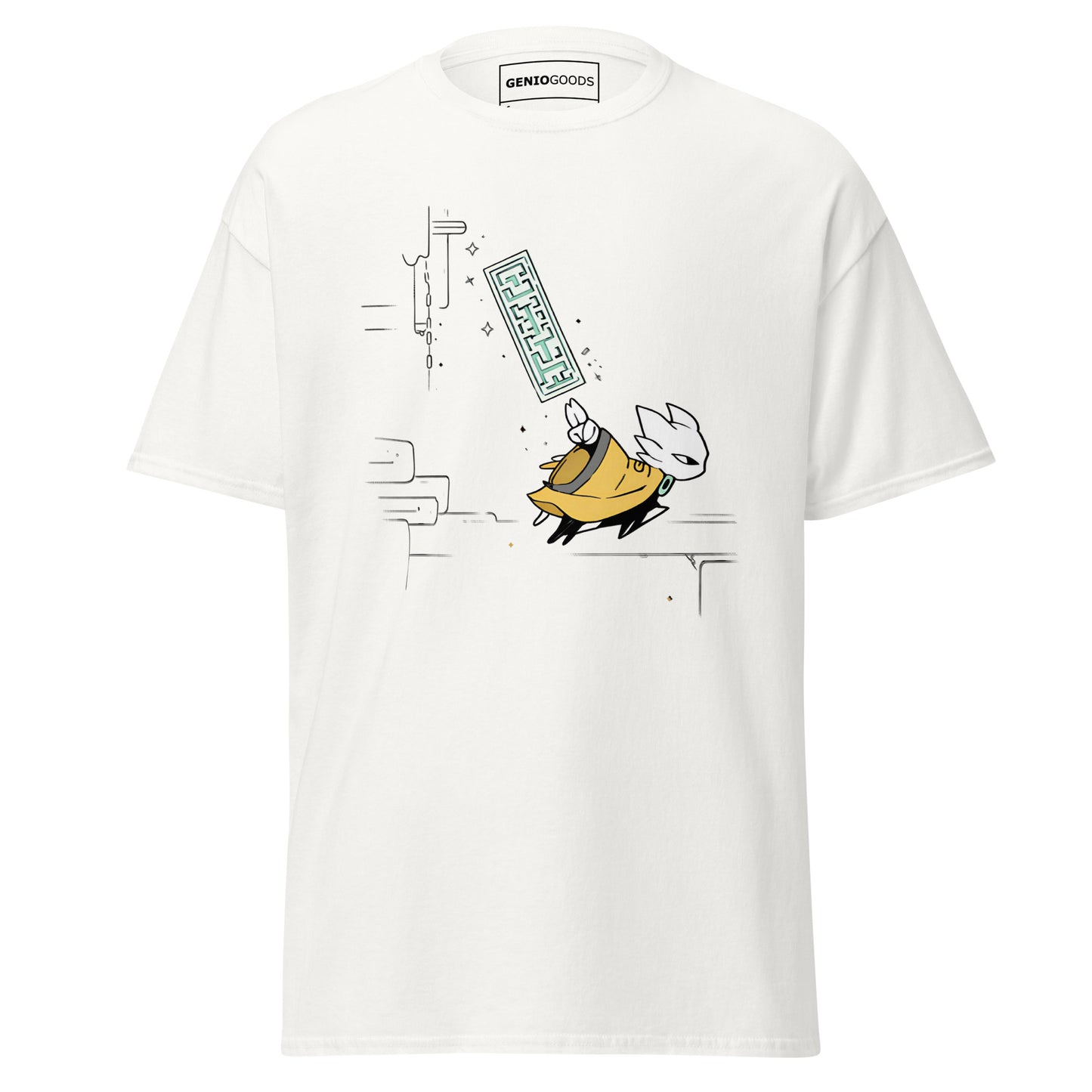 Front view of the white Nine Sols Action Tee Seal Motion featuring a minimalist seal graphic with motion detail