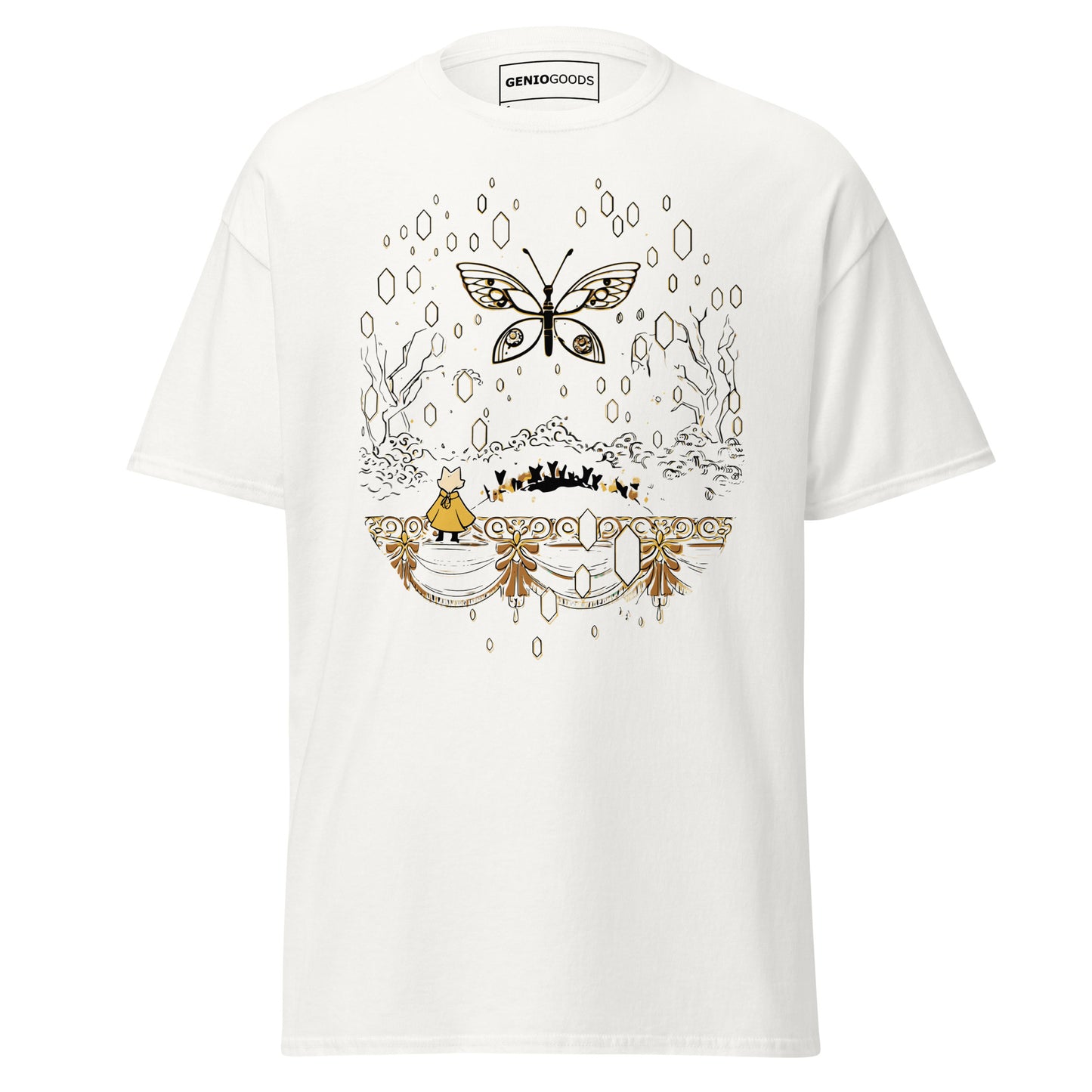 Front view of the white Nine Sols Butterfly Tee Golden Echo featuring a golden butterfly above an ornate shrine scene
