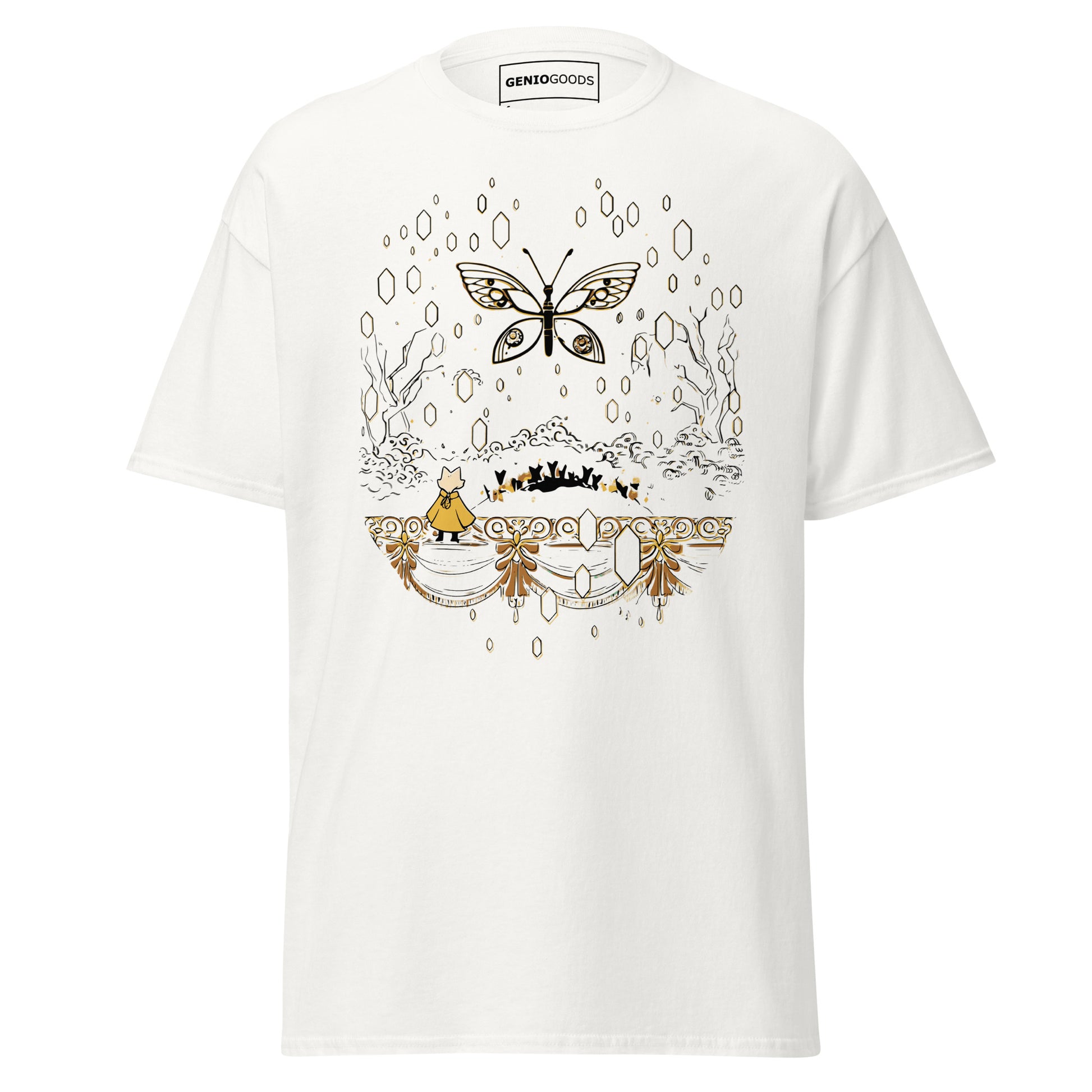 Front view of the white Nine Sols Butterfly Tee Golden Echo featuring a golden butterfly above an ornate shrine scene