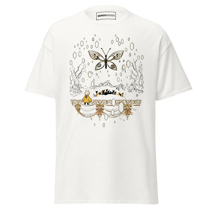 Front view of the white Nine Sols Butterfly Tee Golden Echo featuring a golden butterfly above an ornate shrine scene