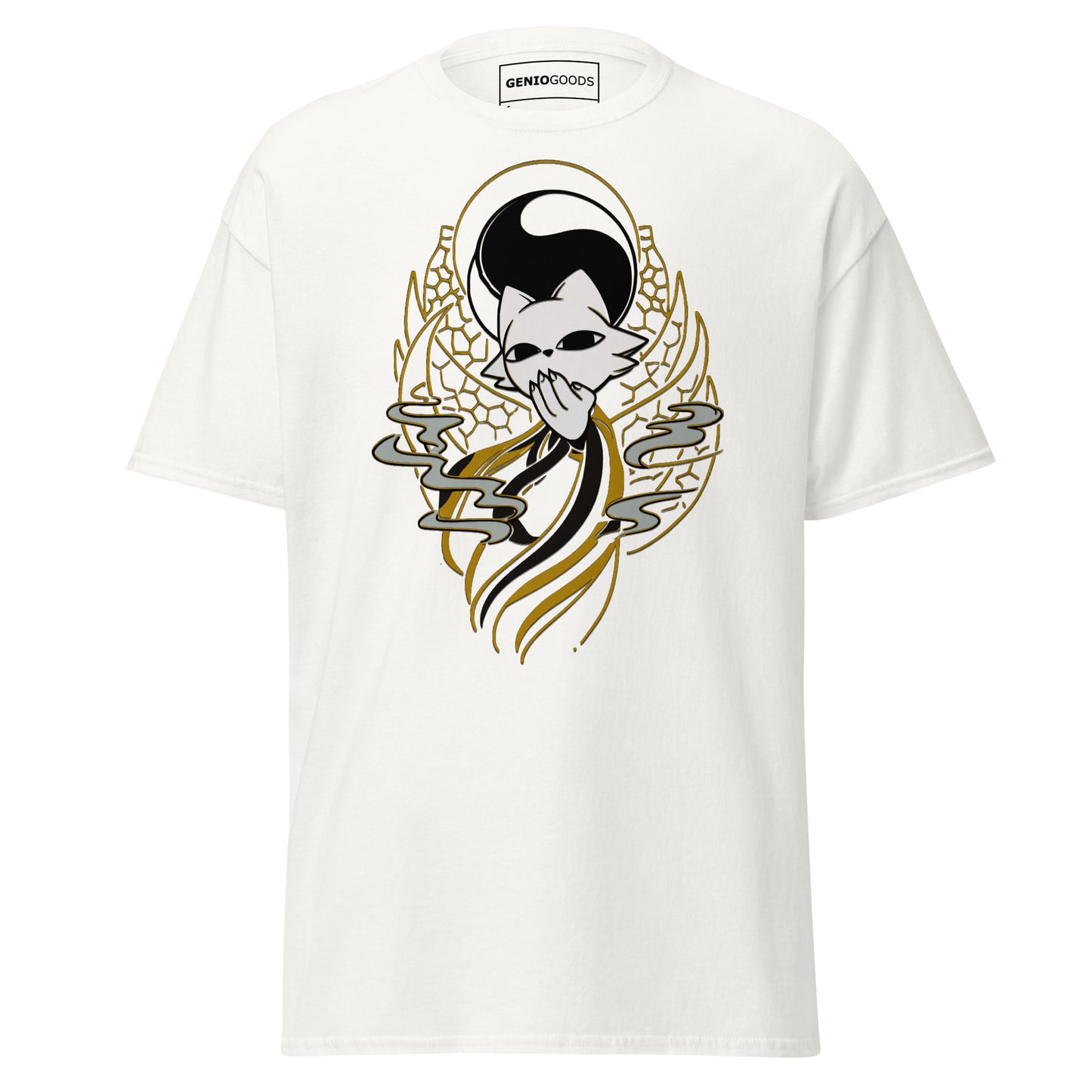 Front view of the white Nine Sols Yin Yang Tee Balance Presence featuring a yin yang skull graphic with golden line details