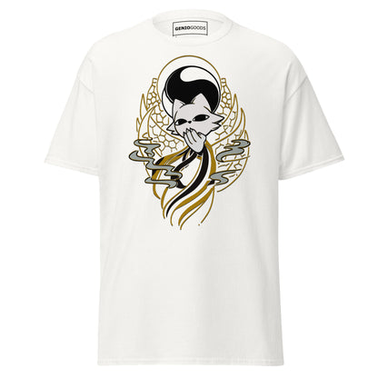 Front view of the white Nine Sols Yin Yang Tee Balance Presence featuring a yin yang skull graphic with golden line details