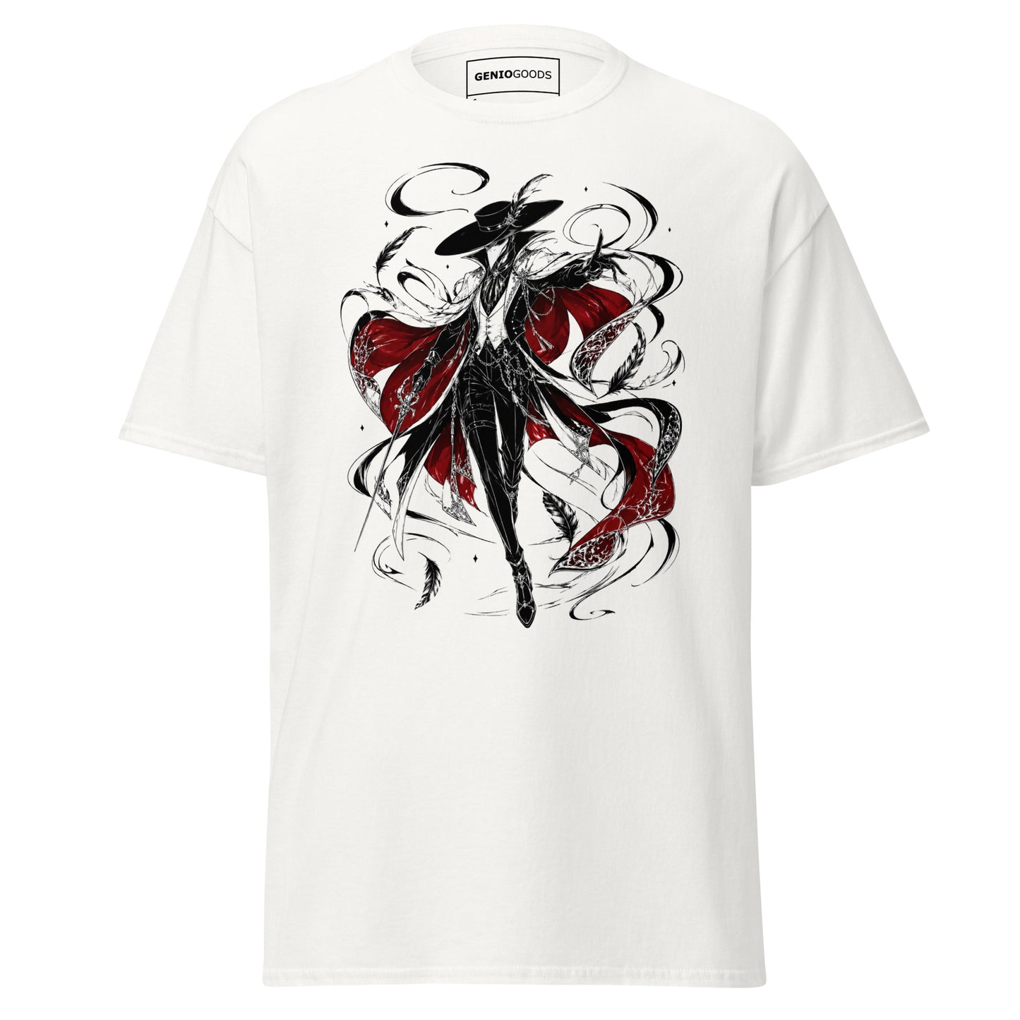 Front view of the White Crowsworn Crimson Wraith T-shirt with gothic dark fantasy graphic