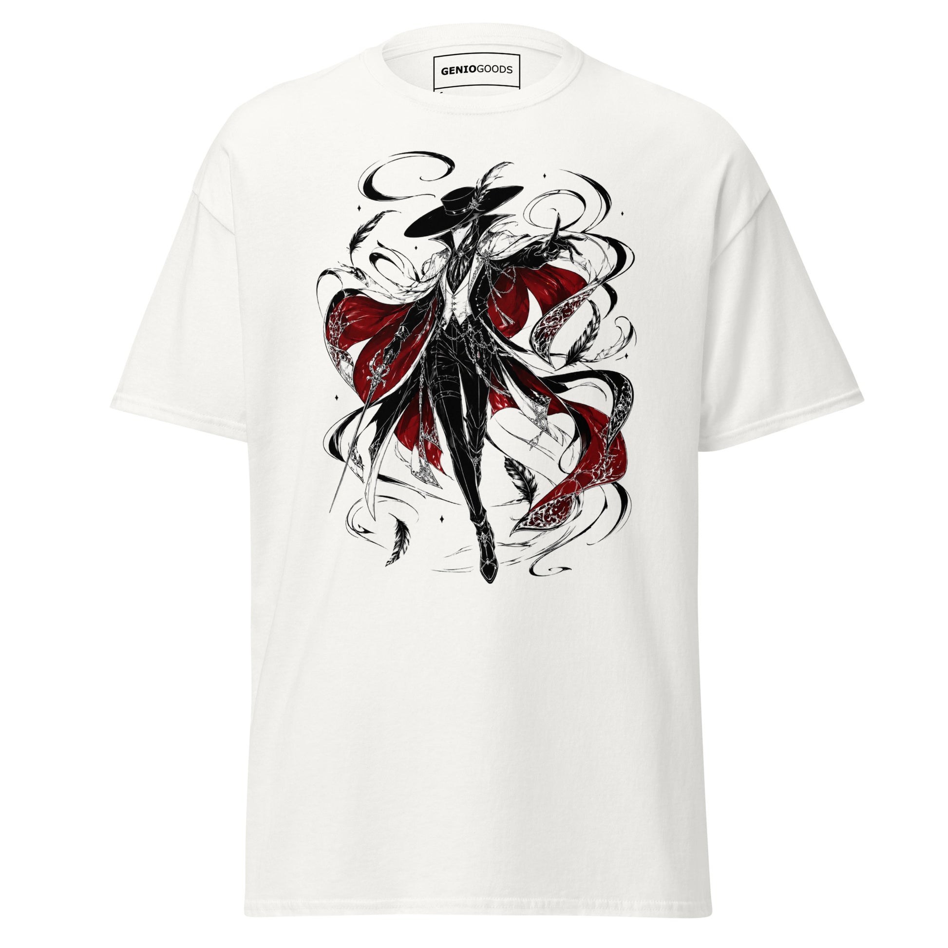 Front view of the White Crowsworn Crimson Wraith T-shirt with gothic dark fantasy graphic